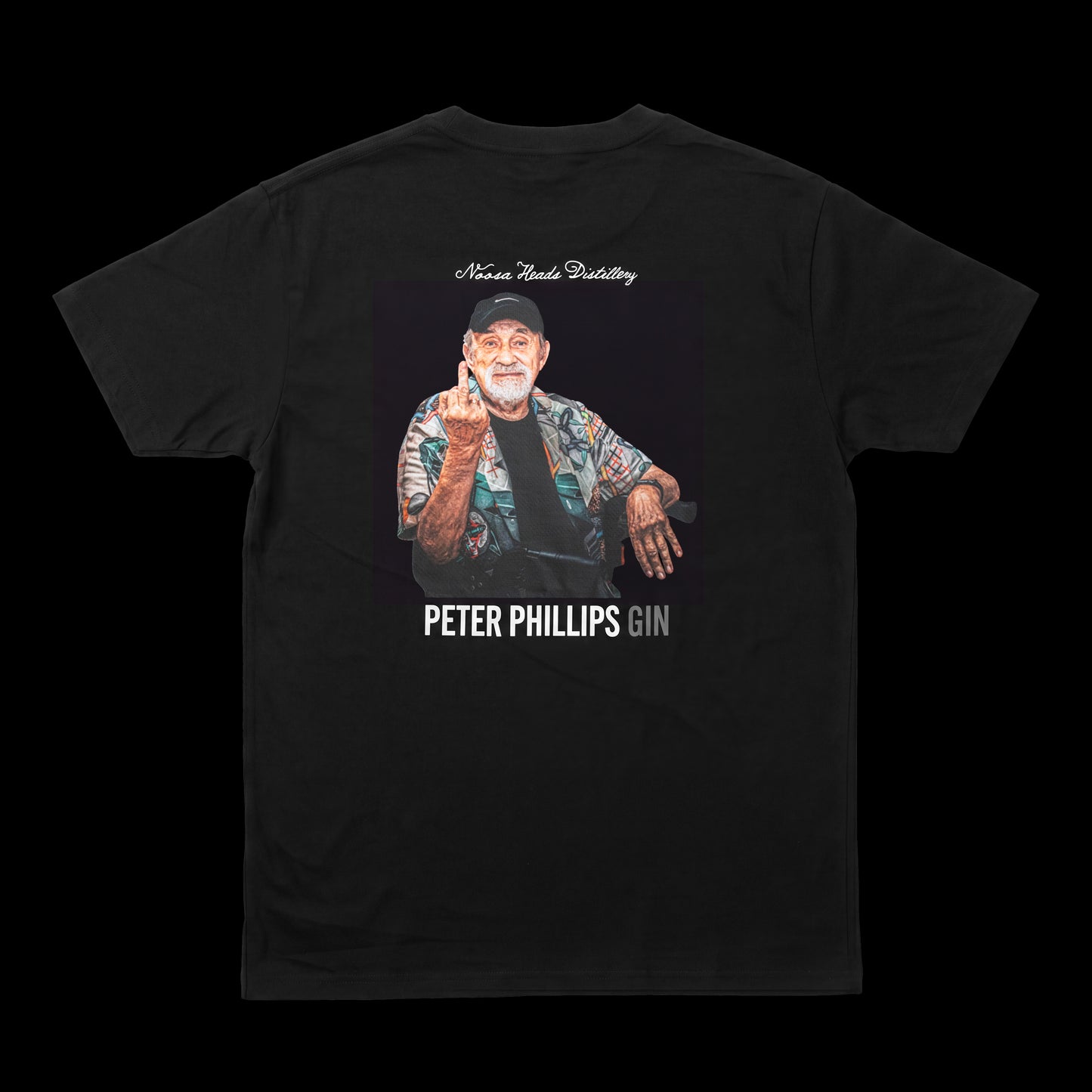 
                  
                    Back of the black Peter Phillips Gin tee, featuring a portrait of Peter Phillips above the Peter Phillips Gin wordmark
                  
                
