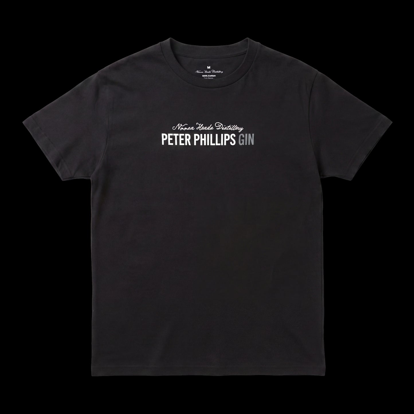 Black Peter Phillips Gin tee, front, with Noosa Heads Distillery script and Peter Phillips Gin wordmark across the chest